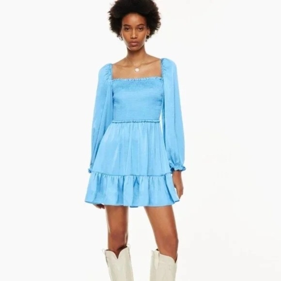 Wilfred Tempest Satin Smocked Mini Dress Wave Blue Size Small Cottagecore Ruffle - Picture 1 of 14